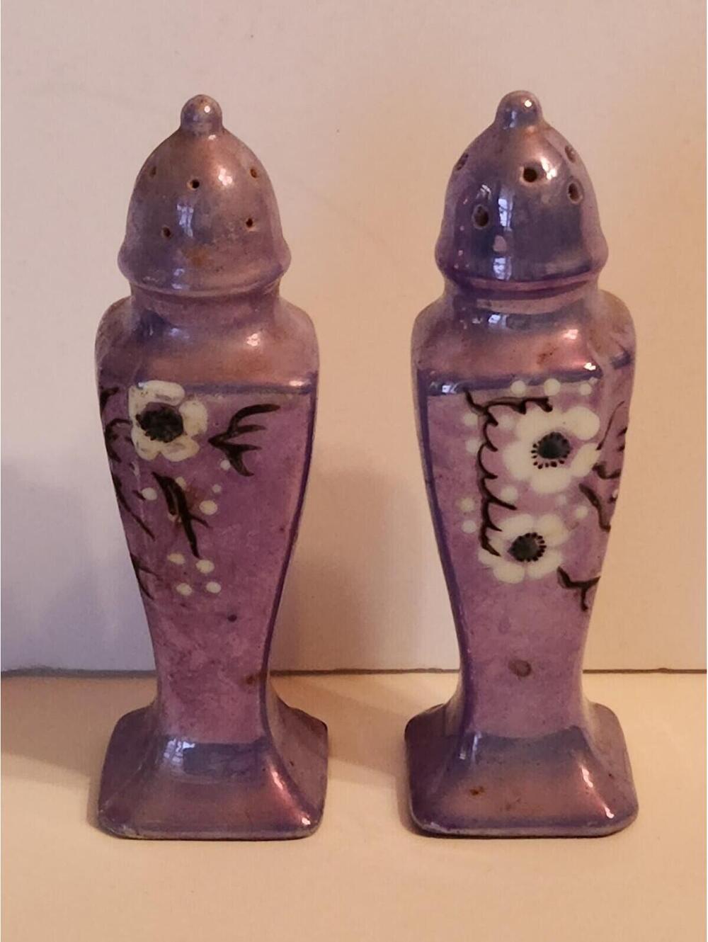 Vintage Salt & Pepper Shaker Iridescent Blue with Flowers Made in Japan